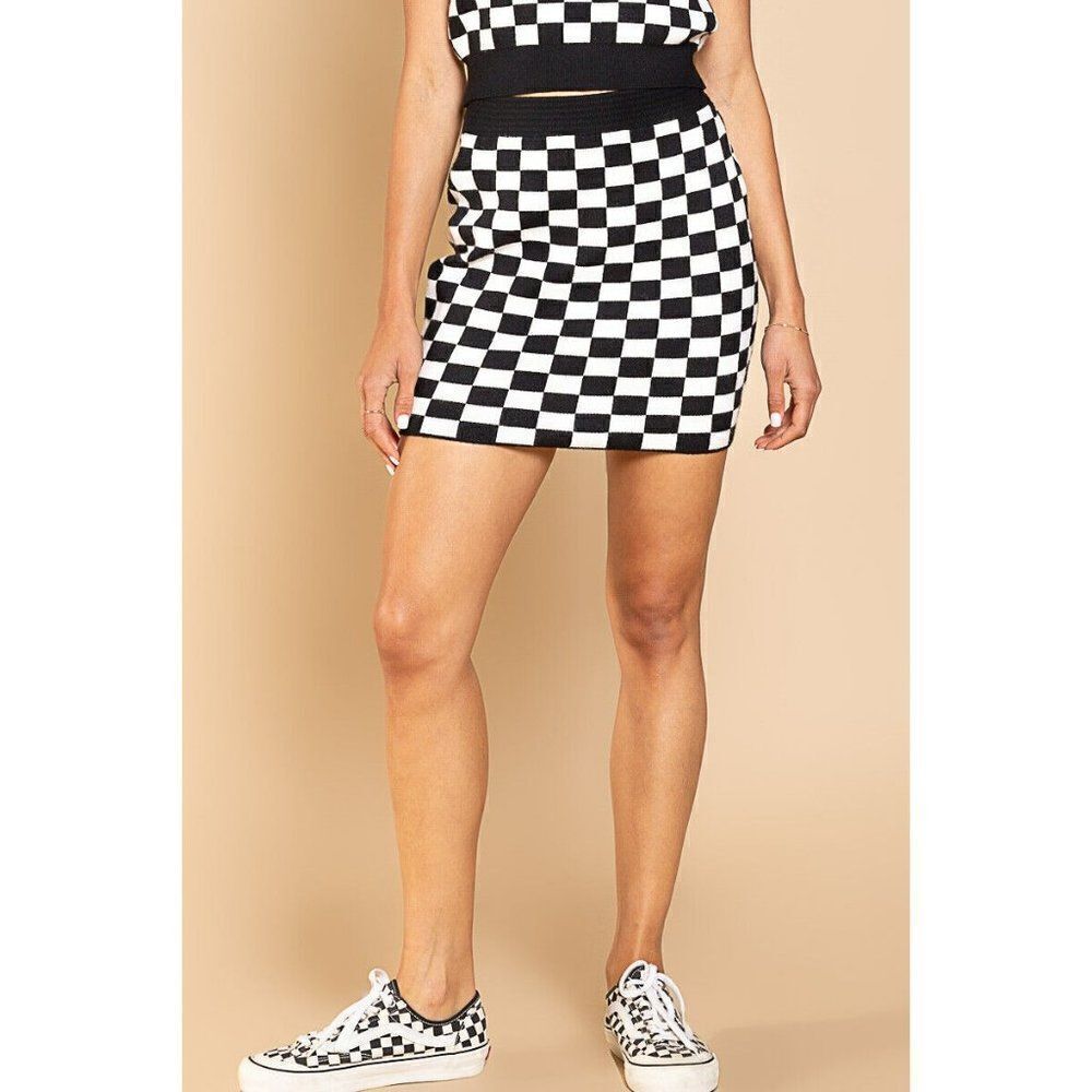 POL CLOTHING Black and White Multi Check Checkered Skater Skirt YSP4 NEW